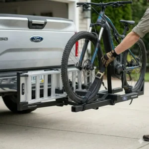 A final look at the stowed ramp and secured bike on a professional hitch bike rack with ramp installation.