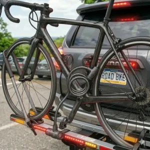 Rear safety view showing the LED brake lights on a hitch bike rack with ramp for road bikes.