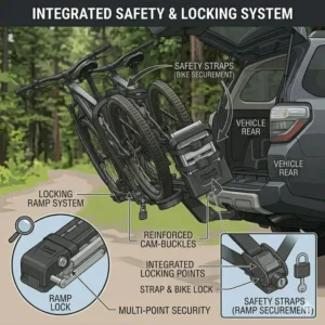 Integrated security system and heavy-duty locking straps on a hitch bike rack with ramp storage for safe transport.