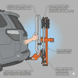 Final step showing how to fold and store the ramp on the hitch bike rack with ramp instructions.