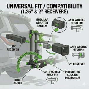 Compatibility chart showing how the hitch bike rack with ramp adjustable fits both 1.25-inch and 2-inch receiver hitches.