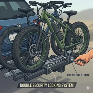 Integrated double security cable locking system on a heavy-duty hitch bike rack with built in ramp.
