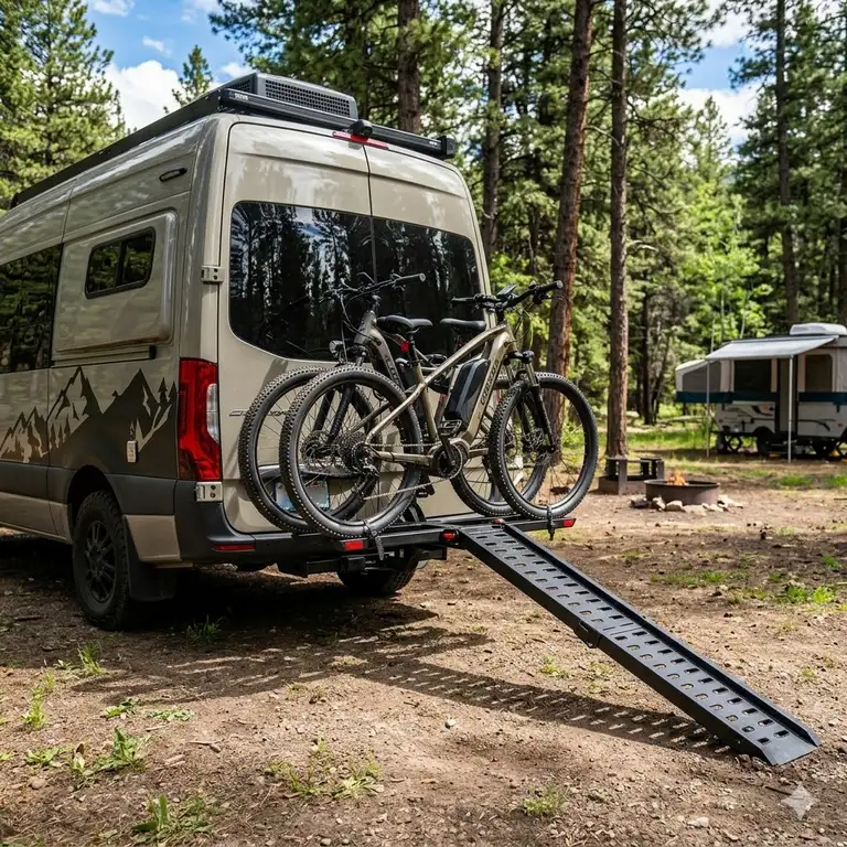 A detailed view of a sturdy hitch bike rack with ramp for camping, fully loaded with two electric mountain bikes and ready for an adventure in the woods.