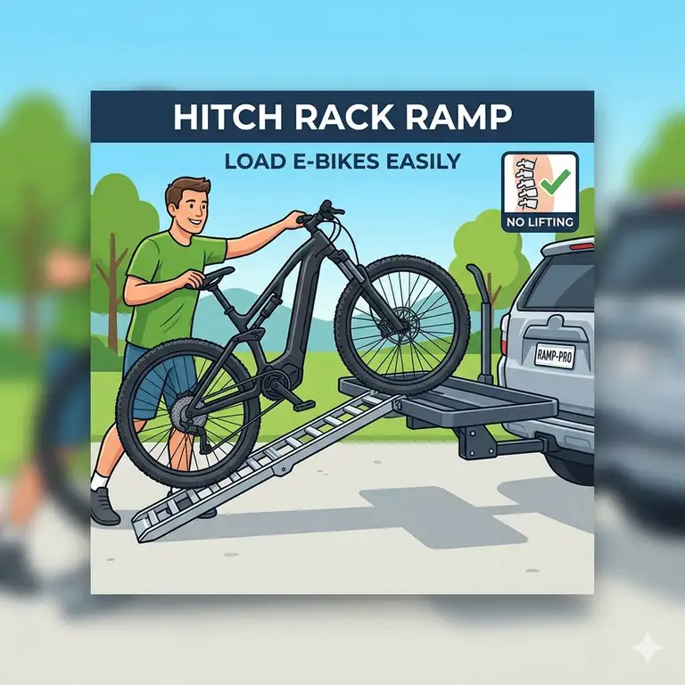 A comprehensive guide showing a heavy e-bike being loaded to explain the hitch bike rack with ramp pros and cons.