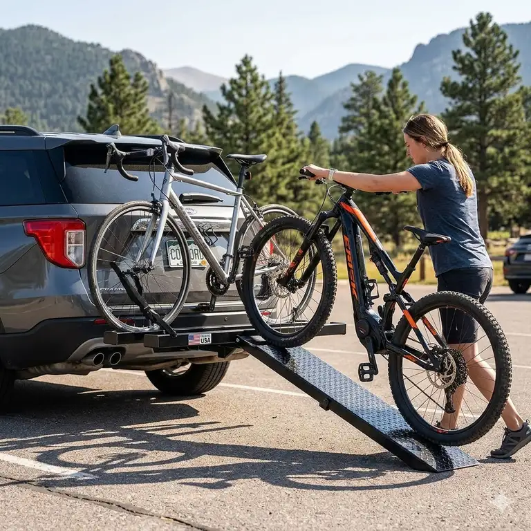 A featured image showing a premium heavy-duty hitch bike rack with ramp usa made mounted on an SUV at a trailhead.