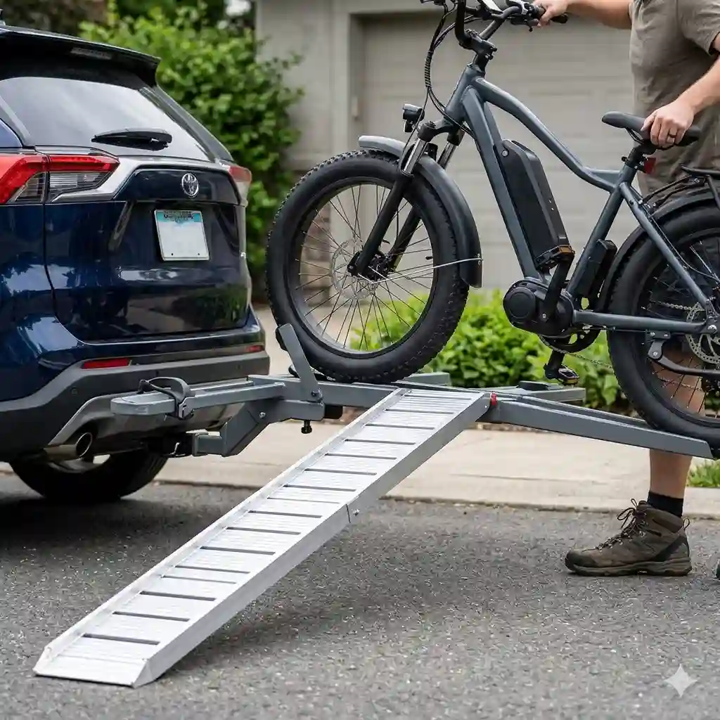 A heavy-duty hitch bike rack with ramp amazon installed on an SUV with an e-bike.