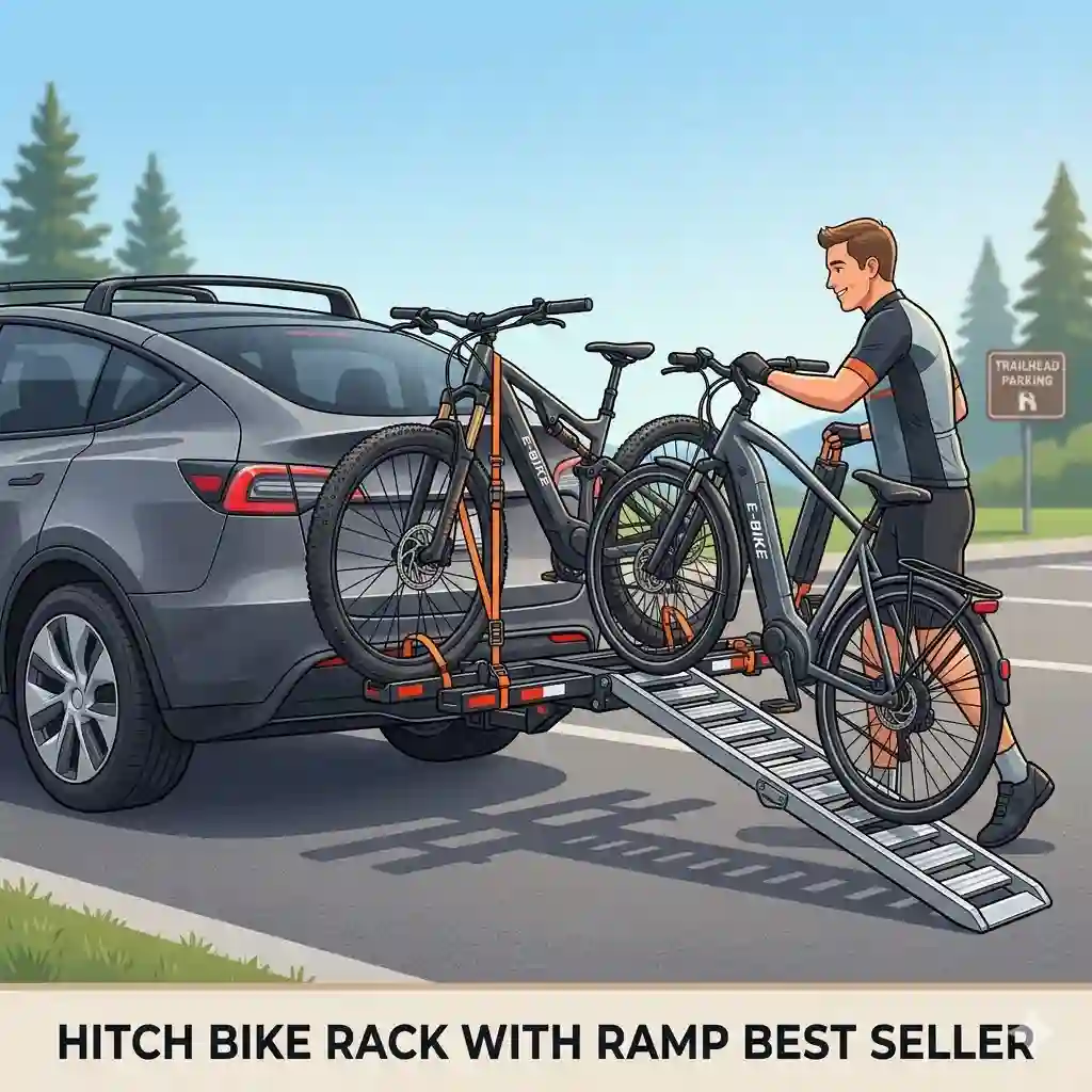 A featured image showing a hitch bike rack with ramp best seller holding two electric bikes on the back of an SUV.