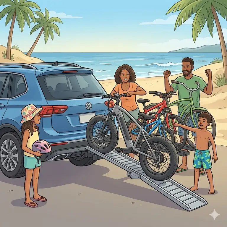A heavy-duty hitch bike rack with ramp for family attached to an SUV.