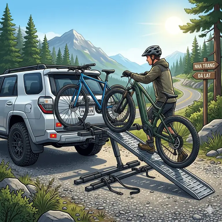 A premium hitch bike rack with ramp for long trips mounted on an SUV in a scenic mountain area.