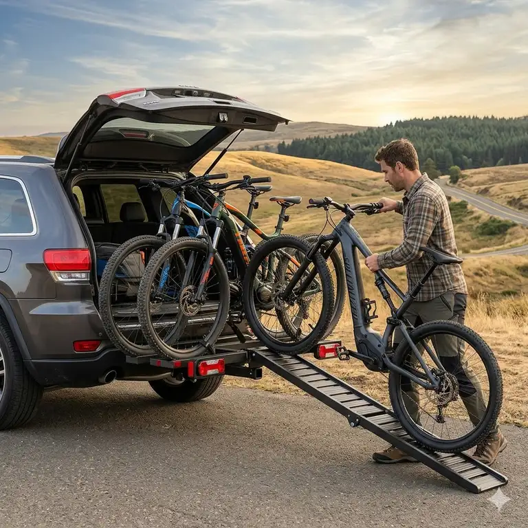 A heavy duty hitch bike rack with ramp for travel attached to an SUV parked at a scenic road trip lookout.