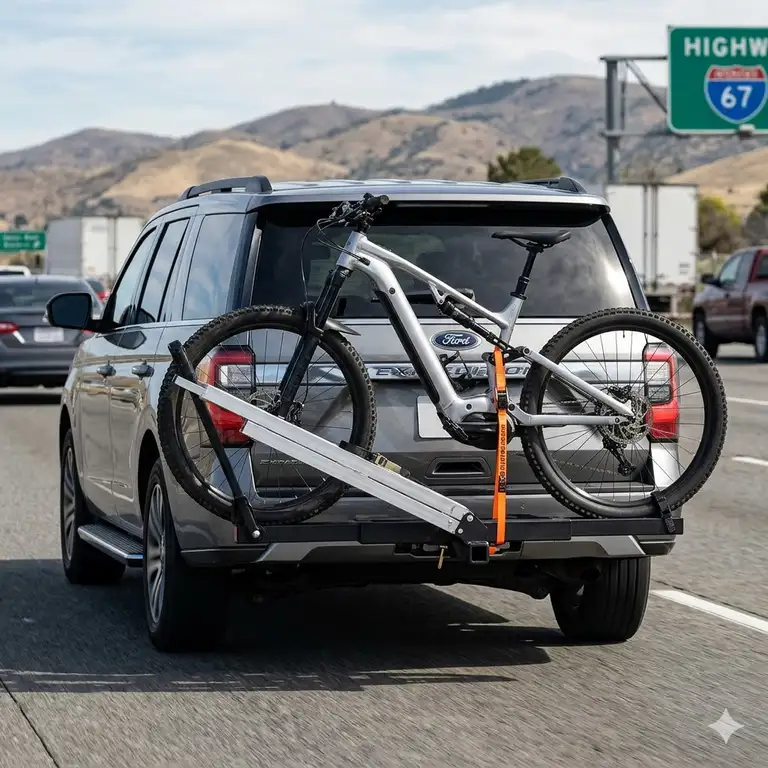 A heavy-duty hitch bike rack with ramp highway safe installed on an SUV for secure long-distance travel.
