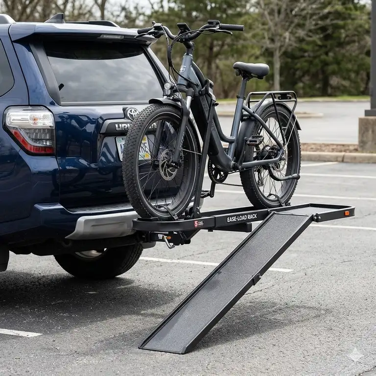 A heavy-duty hitch bike rack with ramp warranty premium model installed on an SUV in a square format.