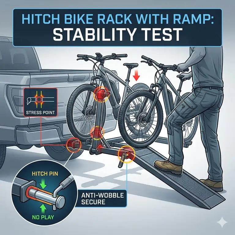 A comprehensive professional hitch bike rack with ramp stability test showing two electric bikes loaded.