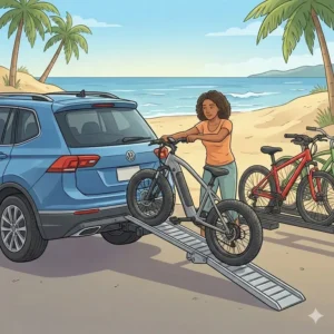 A large vehicle holding four e-bikes using a hitch bike rack with ramp for family.
