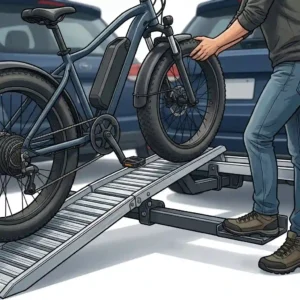Illustration of a person loading an electric bicycle onto a hitch bike rack with ramp amazon.
