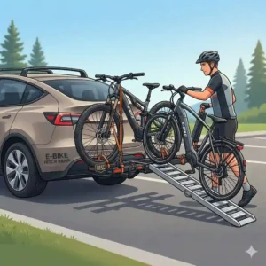 Illustration of the loading process using a hitch bike rack with ramp best seller for easy e-bike transport.