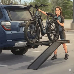 An illustration showing how to roll a heavy electric bicycle up a hitch bike rack with ramp warranty.