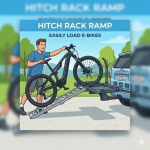 An illustration of a user easily rolling a bike up a ramp, highlighting the ease of use as part of hitch bike rack with ramp pros and cons.