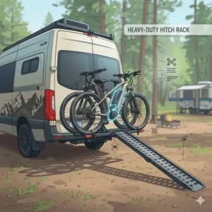 This step-by-step diagram illustrates how easily you can load a heavy electric bike using the specialized hitch bike rack with ramp for camping.