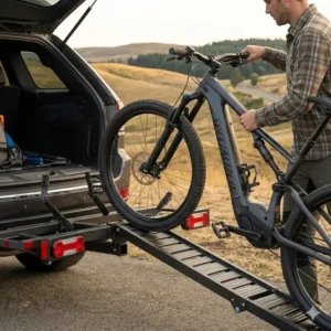 A cyclist rolling a heavy electric bicycle up a ramp onto a platform hitch bike rack with ramp for travel.