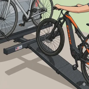 An illustration demonstrating an e-bike being easily loaded using the detachable loading ramp of a hitch bike rack with ramp usa made.