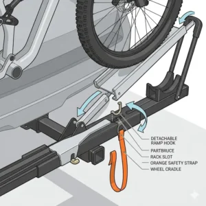 Demonstration of an e-bike being loaded onto a hitch bike rack with ramp highway safe using a detachable ramp.