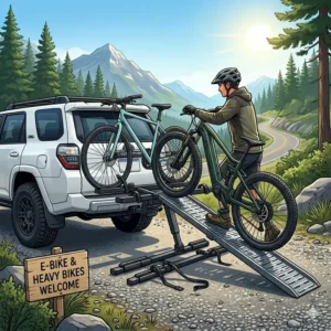 Close-up of a person easily loading an electric bicycle onto a hitch bike rack with ramp for long trips.