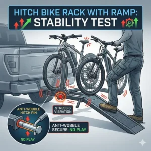 Technical diagram of a vertical shake motion during a hitch bike rack with ramp stability test.
