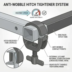 Technical diagram of the anti-wobble mechanism on a hitch bike rack with ramp highway safe to ensure stability at high speeds.