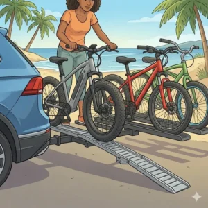 A person easily loading an electric bicycle onto a hitch bike rack with ramp for family.