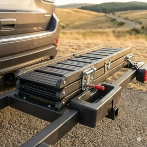 A close up of a foldable loading ramp securely stored on a hitch bike rack with ramp for travel.