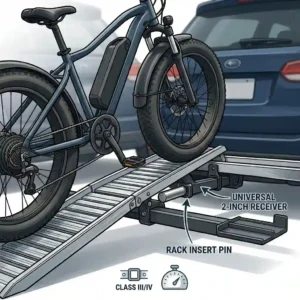 Diagram showing the compatibility of a hitch bike rack with ramp amazon for standard vehicles.