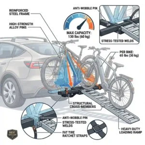 Diagram displaying the heavy-duty weight capacity and stability of this hitch bike rack with ramp best seller.