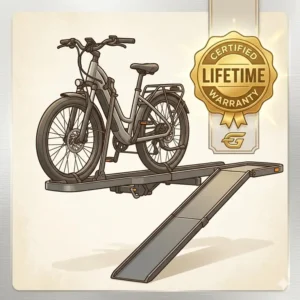 A certified badge icon displayed next to a premium hitch bike rack with ramp warranty.