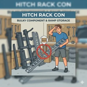 An infographic displaying storage space requirements and bulkiness when evaluating hitch bike rack with ramp pros and cons.
