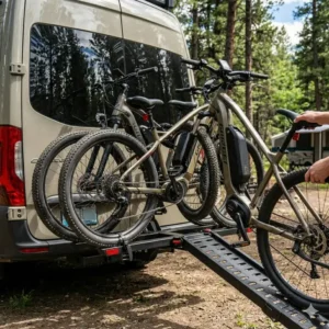 A technical drawing highlighting the high weight capacity of this specific model of hitch bike rack with ramp for camping, capable of holding heavy dual e-bikes.