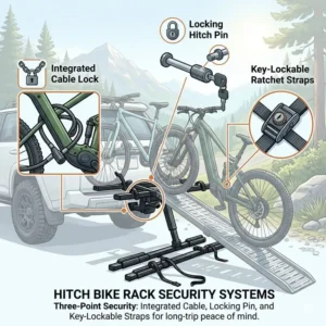 Detailed view of the integrated locking system and safety straps on a hitch bike rack with ramp for long trips.