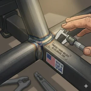 A close-up illustration focusing on the high-quality, precise TIG welds and powder coating of a hitch bike rack with ramp usa made.