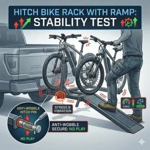 Close-up view of the secure connection points in a hitch bike rack with ramp stability test.