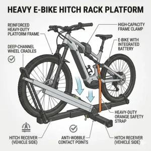 Reinforced platform of a hitch bike rack with ramp highway safe specifically designed to carry heavy electric bicycles.