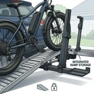 Detailed view of the storage position for a hitch bike rack with ramp amazon.