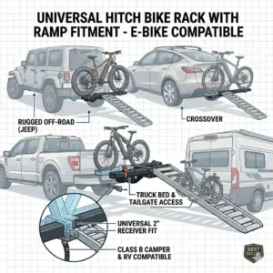 Visual showing the universal vehicle compatibility of our hitch bike rack with ramp best seller model.