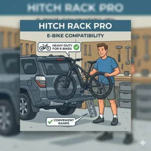 A technical drawing showing heavy-duty e-bike compatibility, a key factor in hitch bike rack with ramp pros and cons.