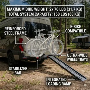 An illustrative graphic showing the innovative tilt-away mechanism on this hitch bike rack with ramp for camping, allowing easy access to the vehicle's rear cargo area.