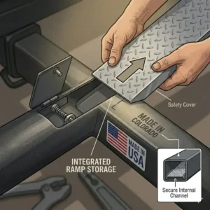An illustrative diagram explaining how the loading ramp is securely stowed within the frame of a hitch bike rack with ramp usa made.