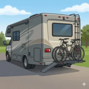 An RV motorhome equipped with a heavy-duty hitch bike rack with ramp for long trips for cross-country travel.