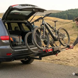 A tilting hitch bike rack with ramp for travel tilted down to allow full access to an SUV trunk during a trip.