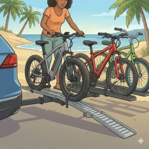 A tilting model allowing trunk access with the hitch bike rack with ramp for family installed.
