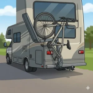 Demonstration of the space-saving folding mechanism of a hitch bike rack with ramp for long trips.