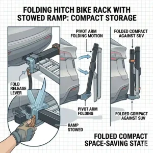 Detailed view of the folding and space-saving design of this hitch bike rack with ramp best seller.